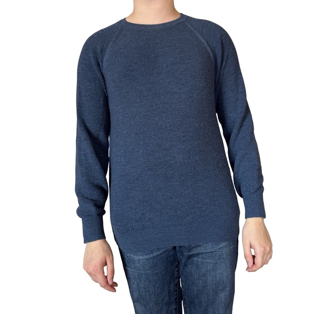 Isaia Napoli Italy Mens Small Blue Sweater Crew Neck Wool Textured Knit Pullover